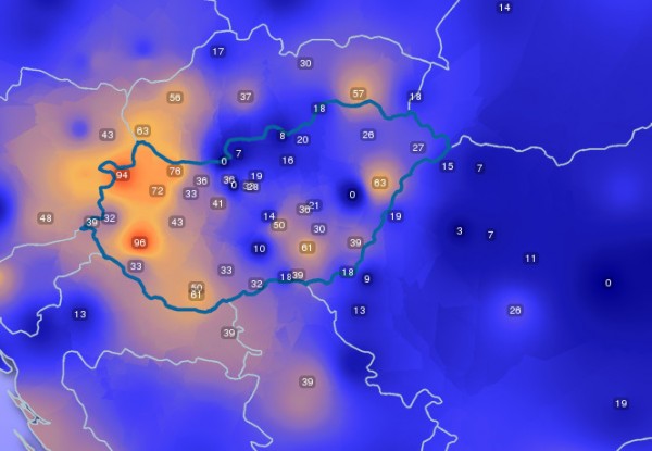 Kárpát-medence széltérkép: A Dunántúlon több helyen a 100 km/órát is megközelítették a széllökések